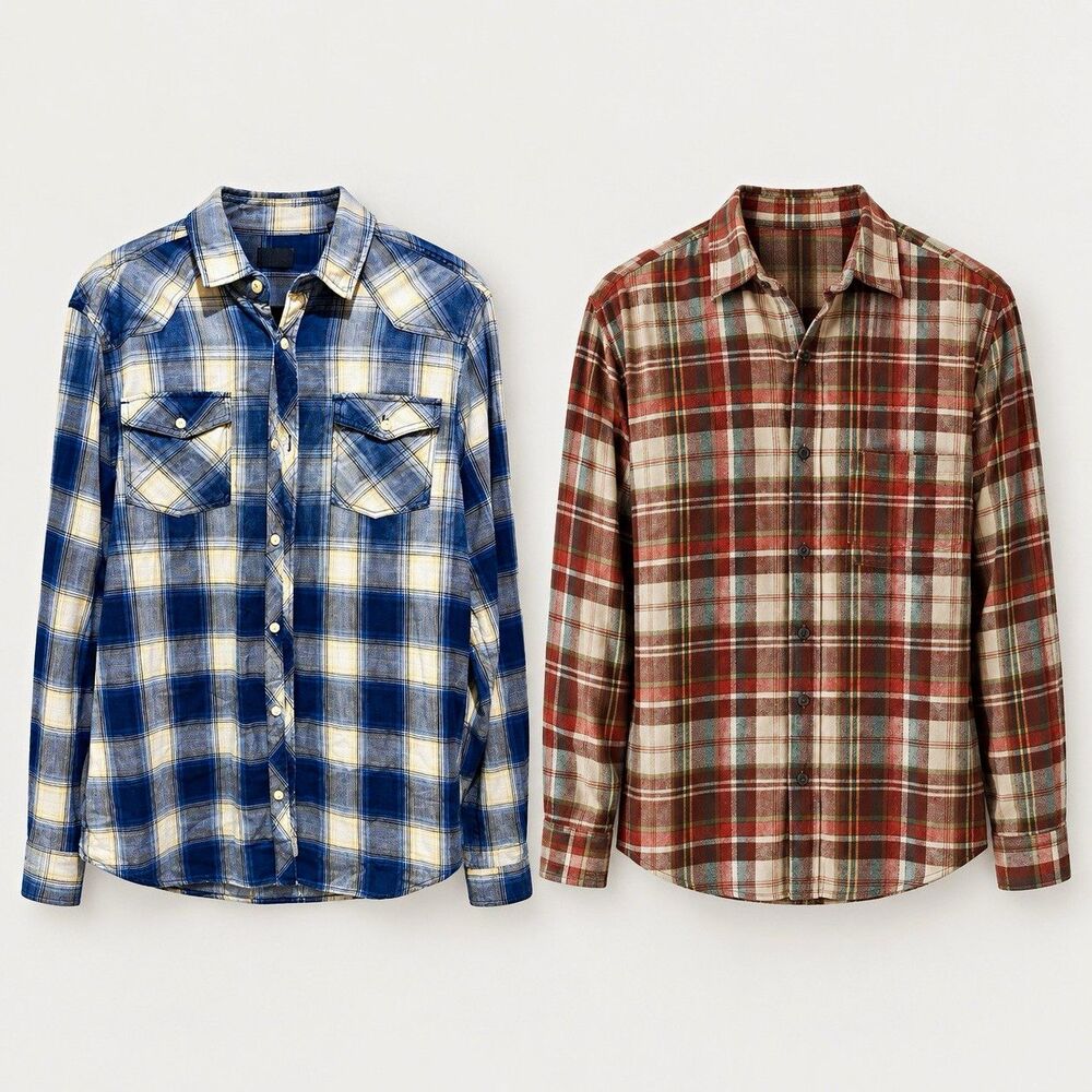 Buffalo David Bitton & Eddie Bauer Men's Plaid Cotton Flannel Shirts Lot of 2 L